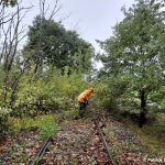 Freischnitt der Bahnstrecke zwischen Varrel und Barenburg kurz nach dem Start des ersten Arbeitseinsatzes in der Saison 2025/2026 im Oktober 2025, Blickrichtung Varrel