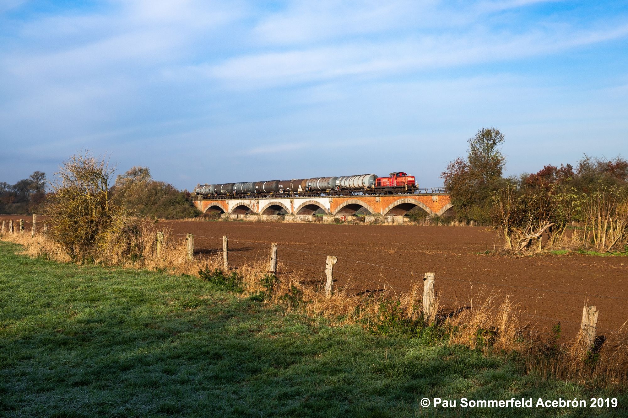 Diesellok 294 879 der DB Cargo AG in verkehrsrot passiert mit einem Kesselwagenzug die Weserflutbrücke
