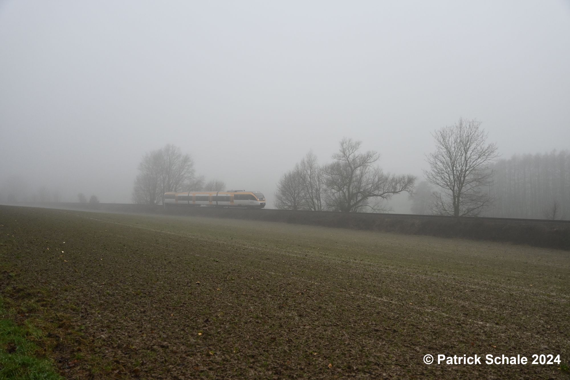 Dieseltriebwagen der Eurobahn der Linie RB 71 Ravensberger Bahn auf dem Weg nach Rahden zwischen Mesch-Neue Mühle und Bad Holzhausen an einem kalten und nebeligen Wintertag