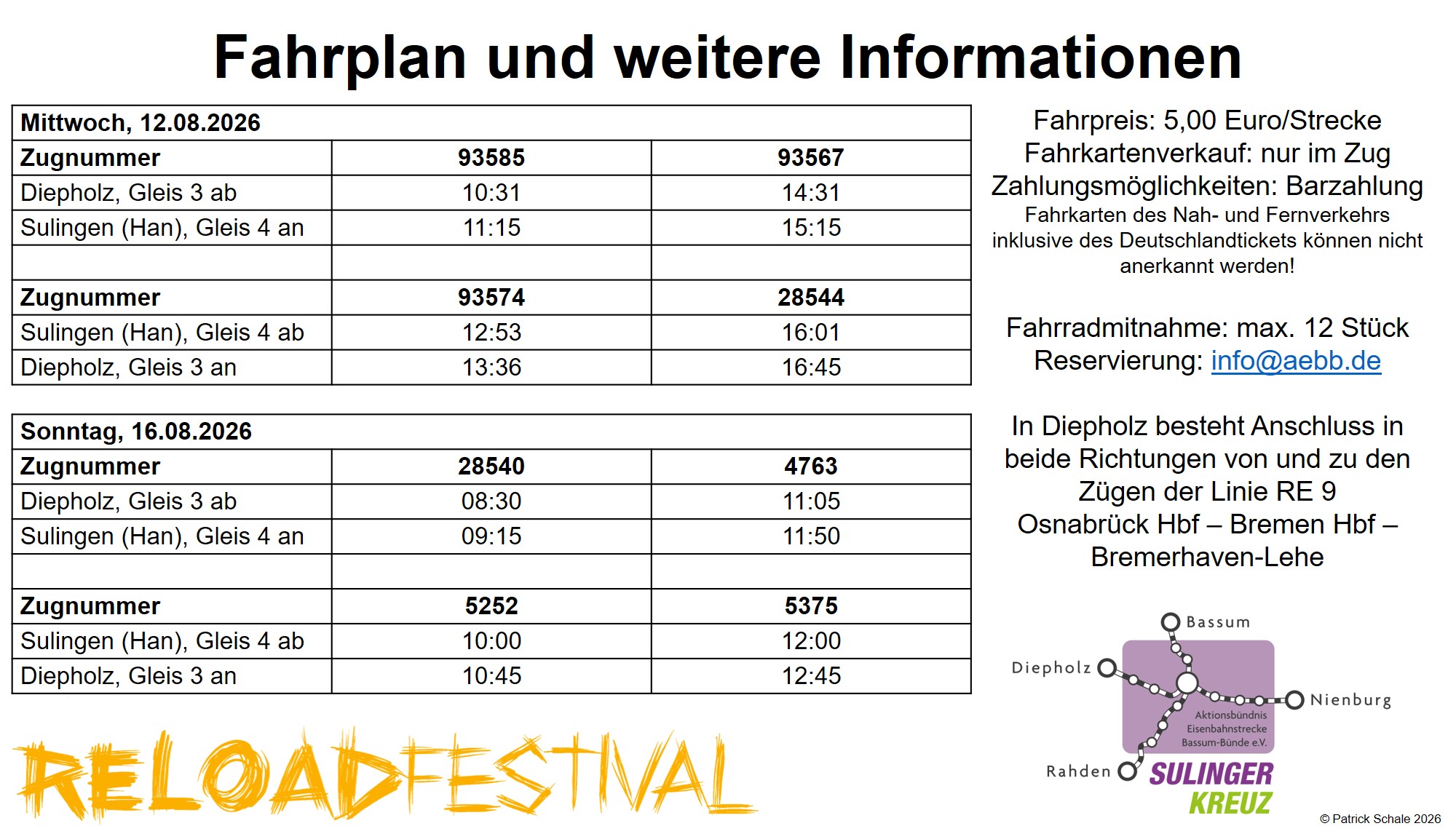 Fahrplan und weitere Informationen Sonderzugverkehr Reload Festival 2026