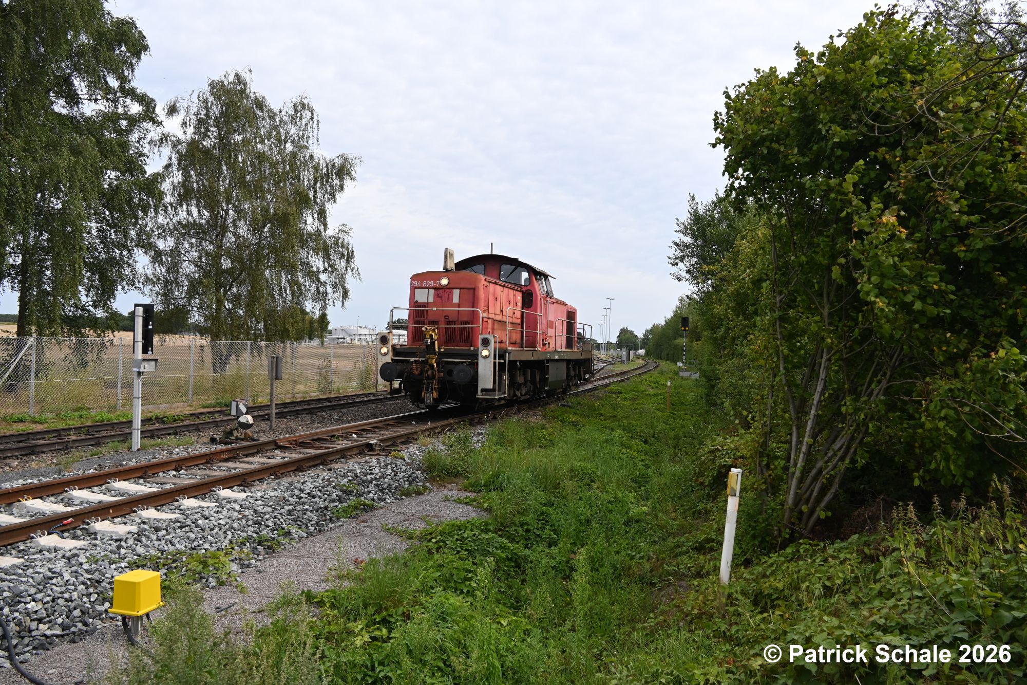 Diesellokomotive 294 829-7 ist in den Bahnhof Barenburg eingefahren und passiert gerade die Weiche zum Gleisanschluss von ExxonMobil, wo die Lokomotive mit rohölbeladene Kesselwagen abholen wird.