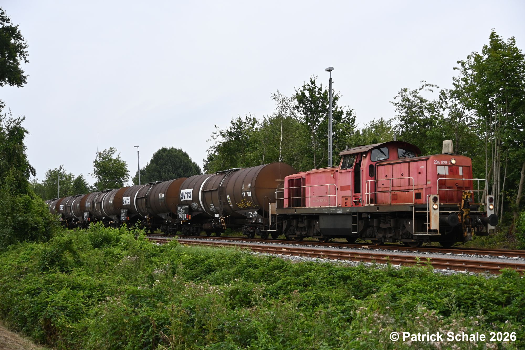 Die mit rohölbeladenen Kesselwagen wurden von der Diesellokomotive der Baureihe 294 aus dem Gleisanschluss von Exxon Mobil in den Bahnhof Barenburg gezogen. Die Lokomotive wird nun abgekuppelt, um die Kesselwagen über das Gleis im Vordergrund zu umfahren und sich dadurch für die Rückfahrt nach Sulingen an die Zugspitze zu setzen.